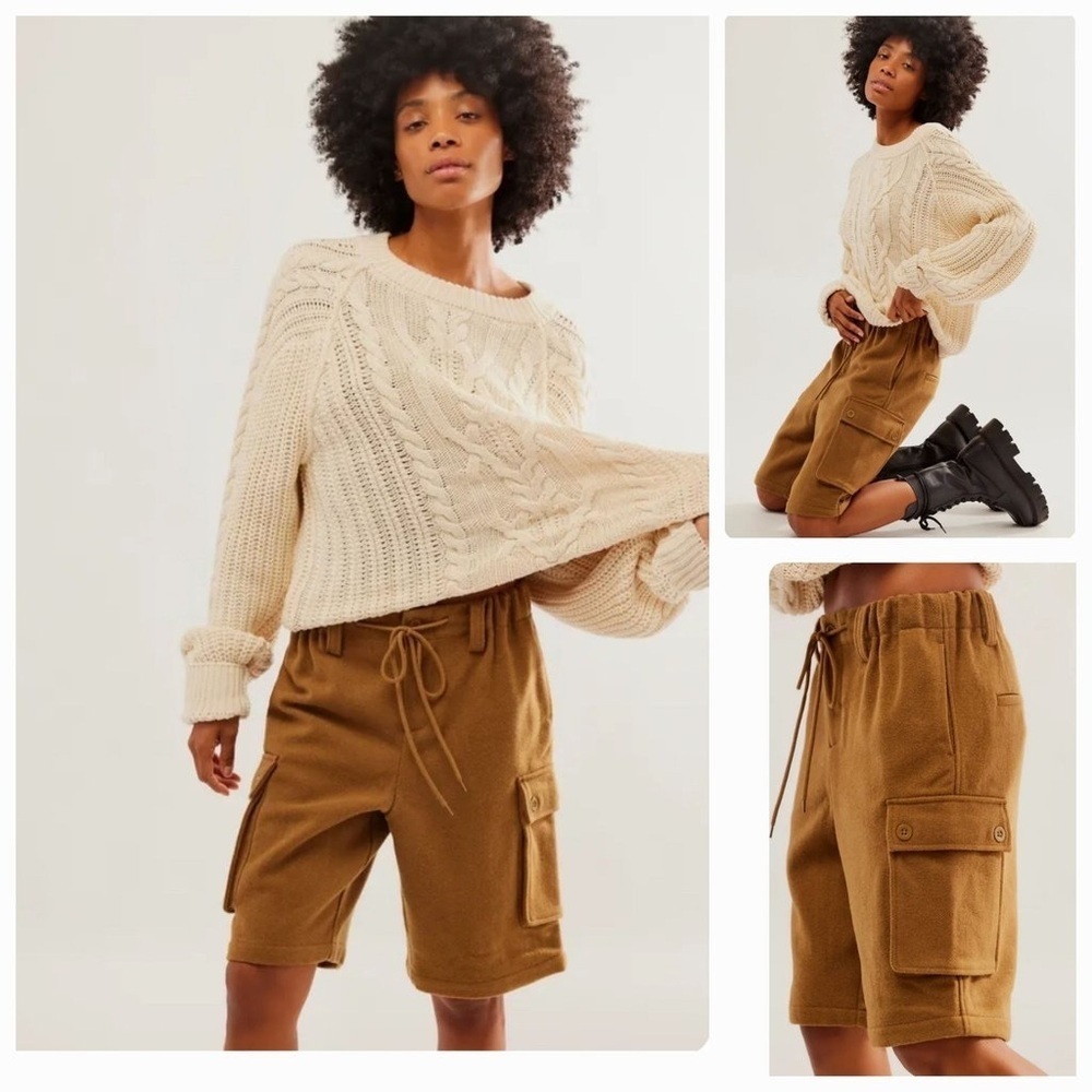 NWOT Free People Charli Wool Longline Cargo Shorts Bronze Brown Size XS